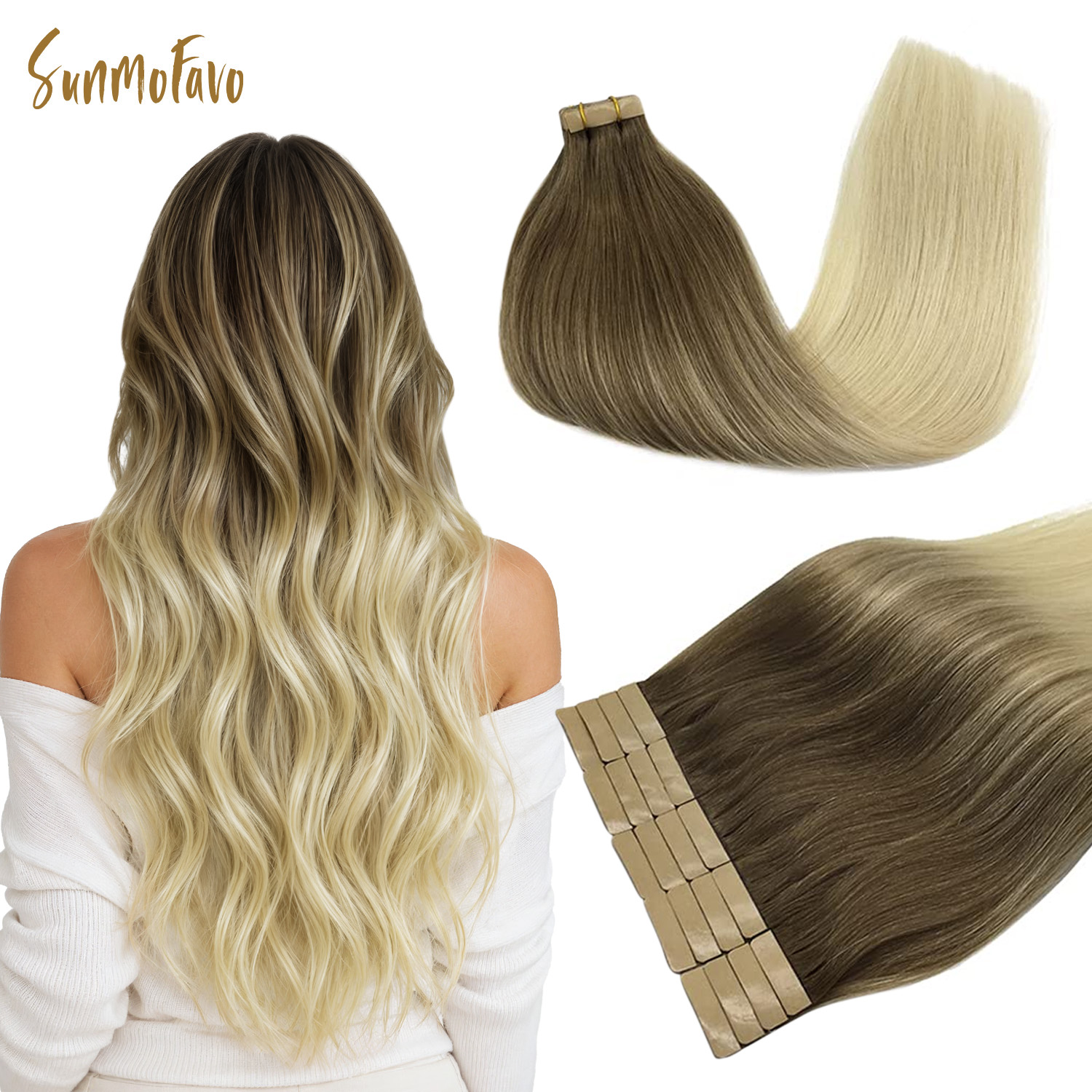 Invisible Tape In Extensions Real Hair - Sunmofavo Onzichtbare Tape-in Haarverlengingen Asbruin tot